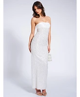 Miss Circle Women's Lainey White Satin Sequin Pearls Beaded Maxi Dress
