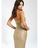 Miss Circle Women's Lainey Gold Satin Sequin Pearls Beaded Maxi Dress