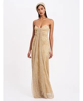 Miss Circle Women's Ada Gold Rhinestone Embellished Strapless Gown with Head Scarf