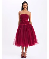 Miss Circle Women's Mabel Burgundy Drop Waist Layered Mesh Midi Puffy Dress with Bow