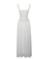 Miss Circle Women's Ulissa White Square Neck Jacquard Textured High Slit Maxi Dress