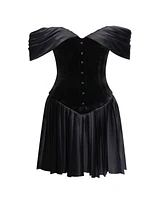 Miss Circle Women's Echo Black Velvet Off-shoulder Pleated Mini Dress