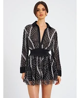 Miss Circle Women's Rachelle Black Embroidered Mesh Mini Shirt Dress