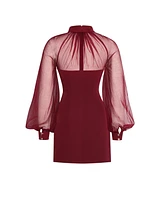 Miss Circle Women's Tabitha Burgundy Mesh Lantern Sleeve Mini Dress