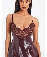 Miss Circle Women's Shelby Dark Brown Faux Leather with Lace Mini Dress