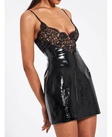 Miss Circle Women's Shelby Black Faux Leather with Lace Mini Dress