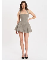 Miss Circle Women's Dacia Plaid Halter Lace-up Bubble Mini Dress