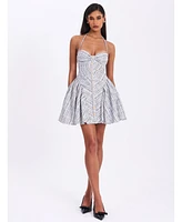 Miss Circle Women's Melody Black and White Plaid Tweed Halter Drop Waist Mini Dress
