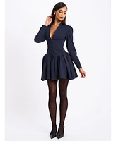Miss Circle Women's Xabrina Navyblue Pinstripe Long Sleeve Shirt Mini Dress