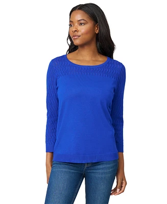Melissa Paige Petite Pointelle-Yoke 3/4-Sleeve Sweater