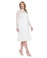 London Times Plus Beaded Illusion Mock-Neck Midi Dress