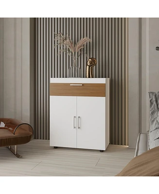 North Fork Shoe Rack, Pneumatic Lift-Up Compartment, Dual Doors, White and Natural Oak