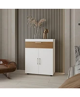 North Fork Shoe Rack, Pneumatic Lift-Up Compartment, Dual Doors, White and Natural Oak
