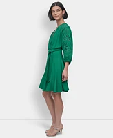 Dkny Petite Faux-Wrap Embroidered-Sleeve Fit & Flare Dress