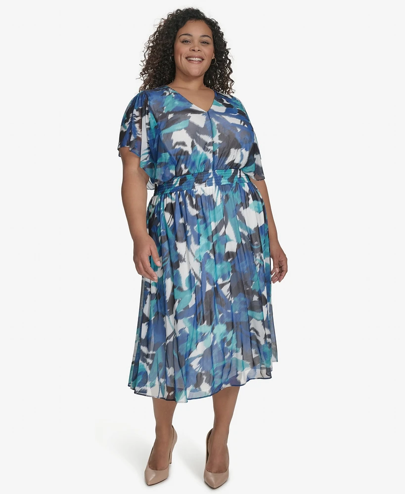 Dkny Plus Printed Flutter-Sleeve Midi Dress