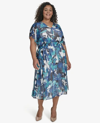 Dkny Plus Printed Flutter-Sleeve Midi Dress