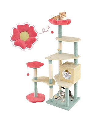 Multi-Level Aesthetic Floral Kitten Tower with Flower-Shaped Padded Perch