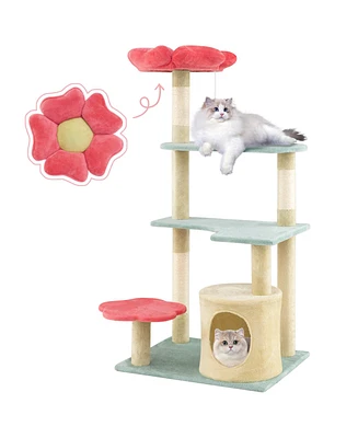 Multi-Level Aesthetic Floral Kitten Tower with Flower-Shaped Plush Padded Perch