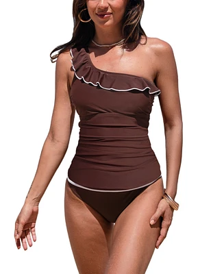 Cupshe Women's One Shoulder Neck Asymmetrical Ruffles Tankini Sets