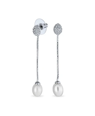 Bling Jewelry Simple Cz White Freshwater Cultured Pearl Linear Chain Dangling Earrings Silver Plated Brass