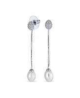 Bling Jewelry Simple Cz White Freshwater Cultured Pearl Linear Chain Dangling Earrings Silver Plated Brass