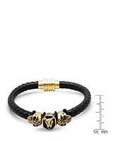 Steeltime Men's Lion Head and Skull Accents Black Leather Braided Bracelet