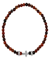 Steeltime Men's Sterling Silver Cross and Red Tiger Eye Beaded Stretch Bracelet