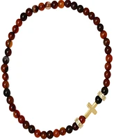 Steeltime Men's 14K Gold Plated Sterling Silver Cross and Red Tiger Eye Beaded Stretch Bracelet