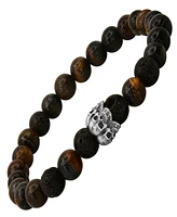 Steeltime Men's Tiger Eye, Black Lava and Sterling Silver Skull Beaded Stretch Bracelet