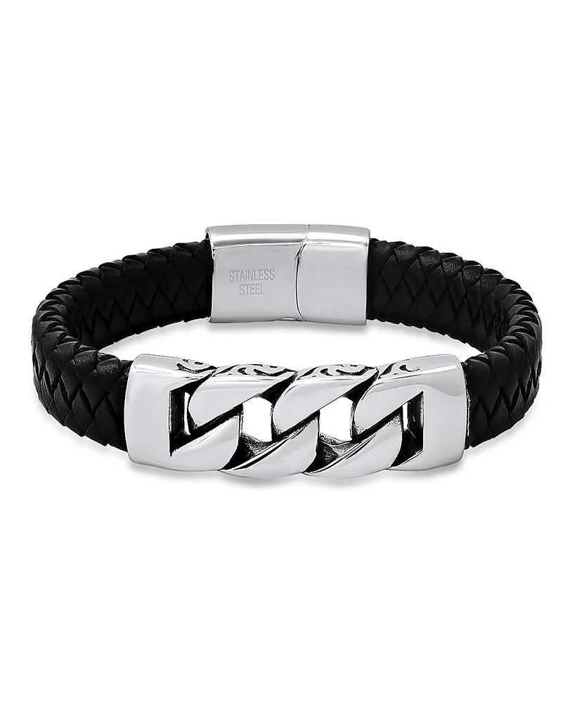 Steeltime Men's Black Braided Leather and Stainless-Steel Bracelet