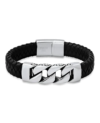 Steeltime Men's Black Braided Leather and Stainless-Steel Bracelet