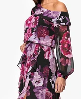 Xscape Women's Printed Asymmetrical Long-Sleeve Maxi Dress