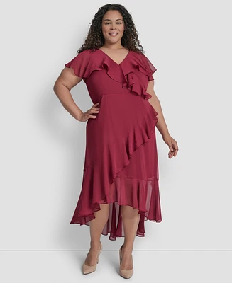 Dkny Plus V-Neck Ruffled High-Low Hem Dress
