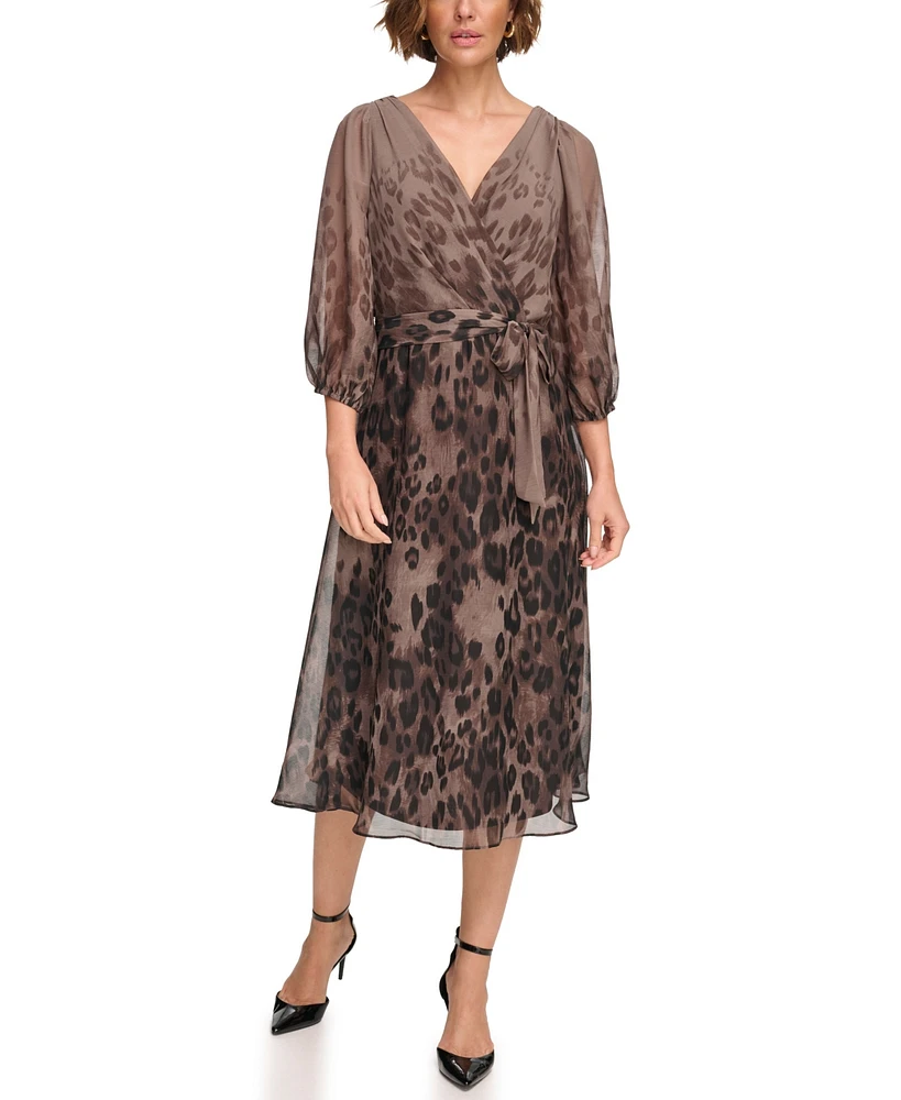 Dkny Petites Chiffon Printed Surplice Balloon-Sleeve Dress