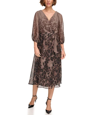 Dkny Petites Chiffon Printed Surplice Balloon-Sleeve Dress