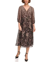 Dkny Petites Chiffon Printed Surplice Balloon-Sleeve Dress