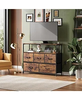 5-Drawer Dresser with Charging Station for Bedroom, Living Room, Closet, Entryway, Fabric Chest of Drawers Open Shelves, Rustic Brown Wood Grain