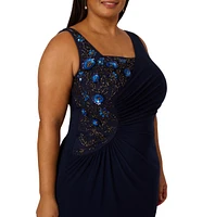 Adrianna Papell Plus Jersey Beaded Long Sleeveless Dress