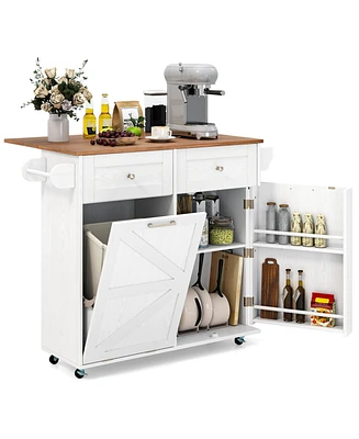 Volenca Rolling Kitchen Island with Trash Can Cabinet and Rubber Universal Wheels