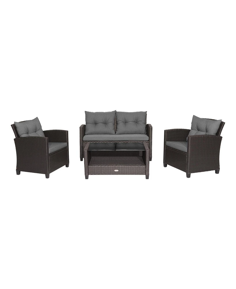 4 Pieces Patio Rattan Conversation Furniture Set with Glass Top Coffee Table