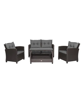4 Pieces Patio Rattan Conversation Furniture Set with Glass Top Coffee Table