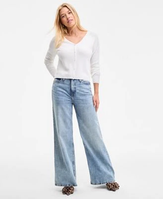 On 34th Womens V Neck Button Front Sweater High Rise Wide Leg Jeans Alaynaa Pointed Toe Bow Mule Pumps Silver Tone Curved Metal Sheet C Hoop Earrings Exclusively At Macys