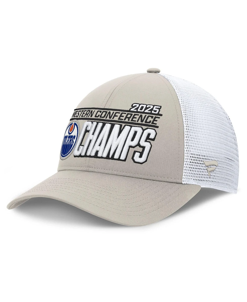Fanatics Men's Gray/White Edmonton Oilers 2025 Nhl Western Conference Champions Locker Room Adjustable Hat