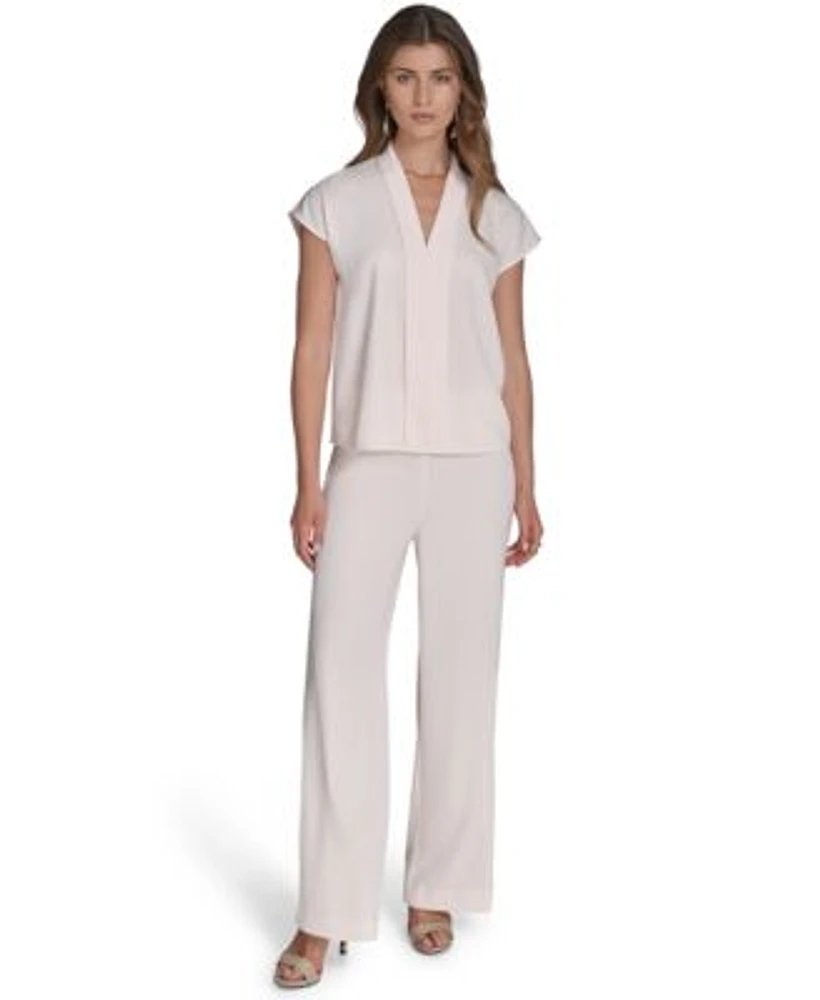 Halston Womens Cap Sleeve V Neck Blouse Soft Suiting Wide Leg Pull On Pants