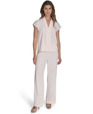 Halston Womens Cap Sleeve V Neck Blouse Soft Suiting Wide Leg Pull On Pants