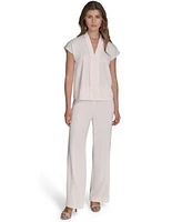 Halston Womens Cap Sleeve V Neck Blouse Soft Suiting Wide Leg Pull On Pants