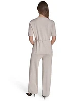 Halston Womens Metallic Tie Waist Round Neck Top High Rise Wide Leg Knit Pants