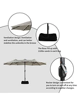 15 Ft Patio Umbrella with Base Included Outdoor Solar Lights Large Double-sided Market Table Umb
