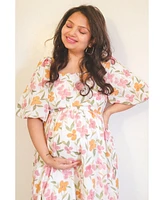 Pinkblush Maternity White Floral Puff Sleeve Maxi Dress