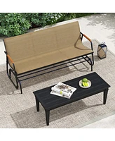 Patio Glider Bench with Curved Teak Armrests and Breathable Fabric Seat for 3 People